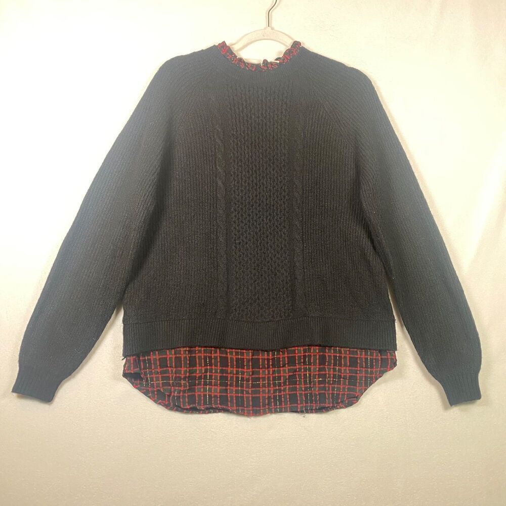 LOFT Black Cable Knit Plaid Trim Sweater Ruffle Neck Holiday Layered Look M